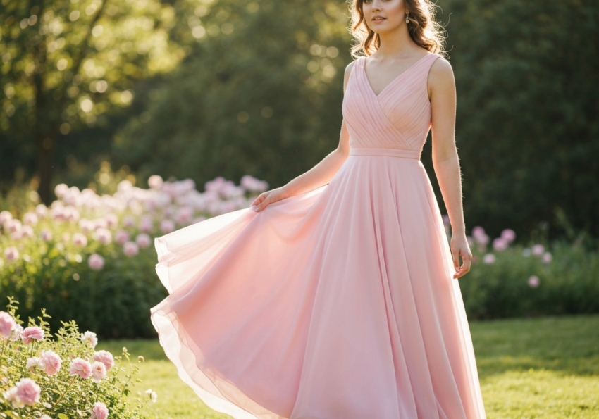 Młoda kobieta w różowej sukni stoi w ogrodzie, lekki wiatr porusza tkaniną, rozmyte kwiaty w tle.