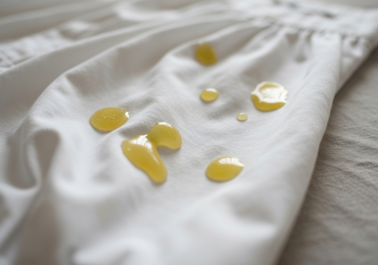 Biała bawełniana bluzka z nieregularnymi żółtawymi plamami woskowymi na tkaninie, rozmyte tło