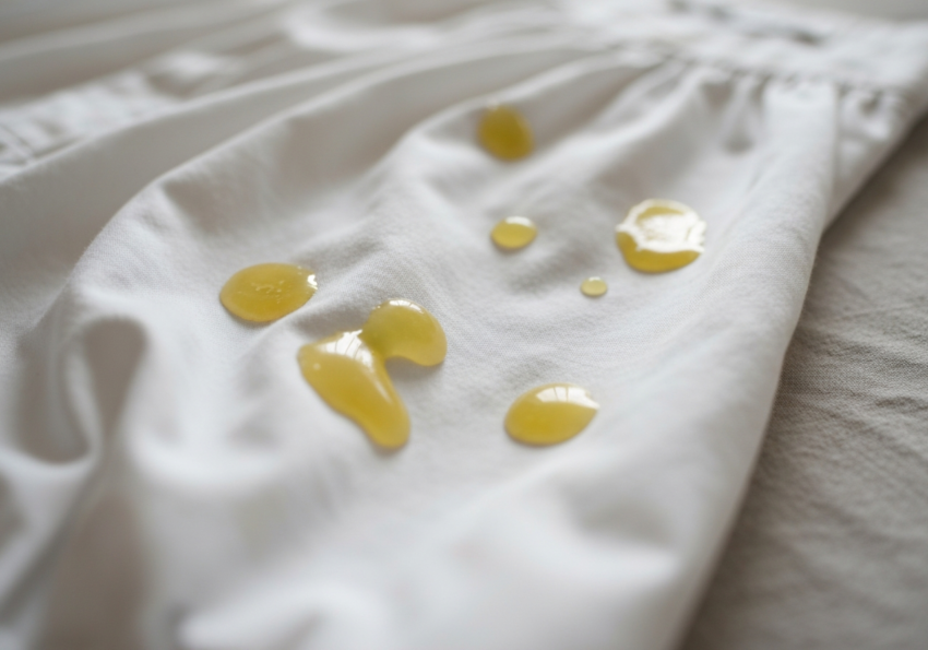 Biała bawełniana bluzka z nieregularnymi żółtawymi plamami woskowymi na tkaninie, rozmyte tło