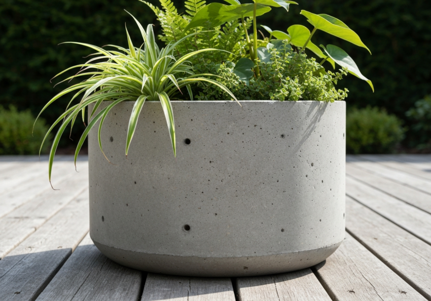 nowoczesna betonowa donica na drewnianym tarasie z zielonymi roślinami w naturalnym świetle