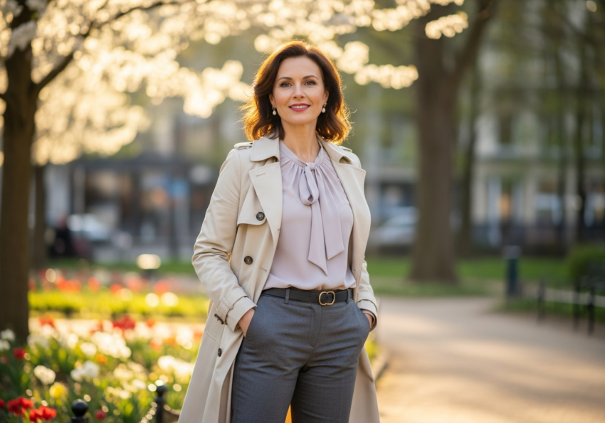 Kobieta po 40-tce pozuje na tle parku